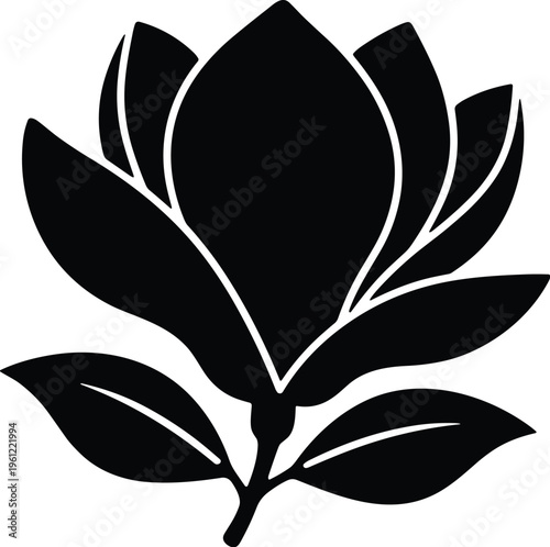 Stylized black and white flower silhouette with bold central petal, symmetrical leaves, elegant decorative botanical design for logos