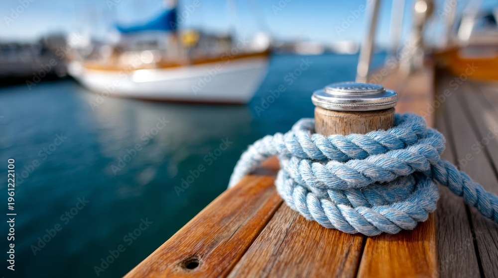 Fototapeta premium Blue rope coiled around a wooden cleat on a dock, with blurred sailboats and calm water in the background under a clear sky