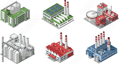 Isometric Industrial Factory and Power Plant Buildings Vector Set with Solar Panels, Storage Tanks, Refineries and Energy Production Facilities Collection