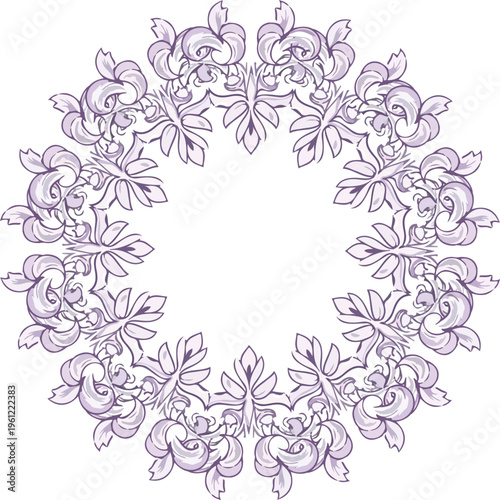 Elegant Purple Lily Floral Wreath Circular Frame with Soft Lilac Botanical Flourishes and Open Center