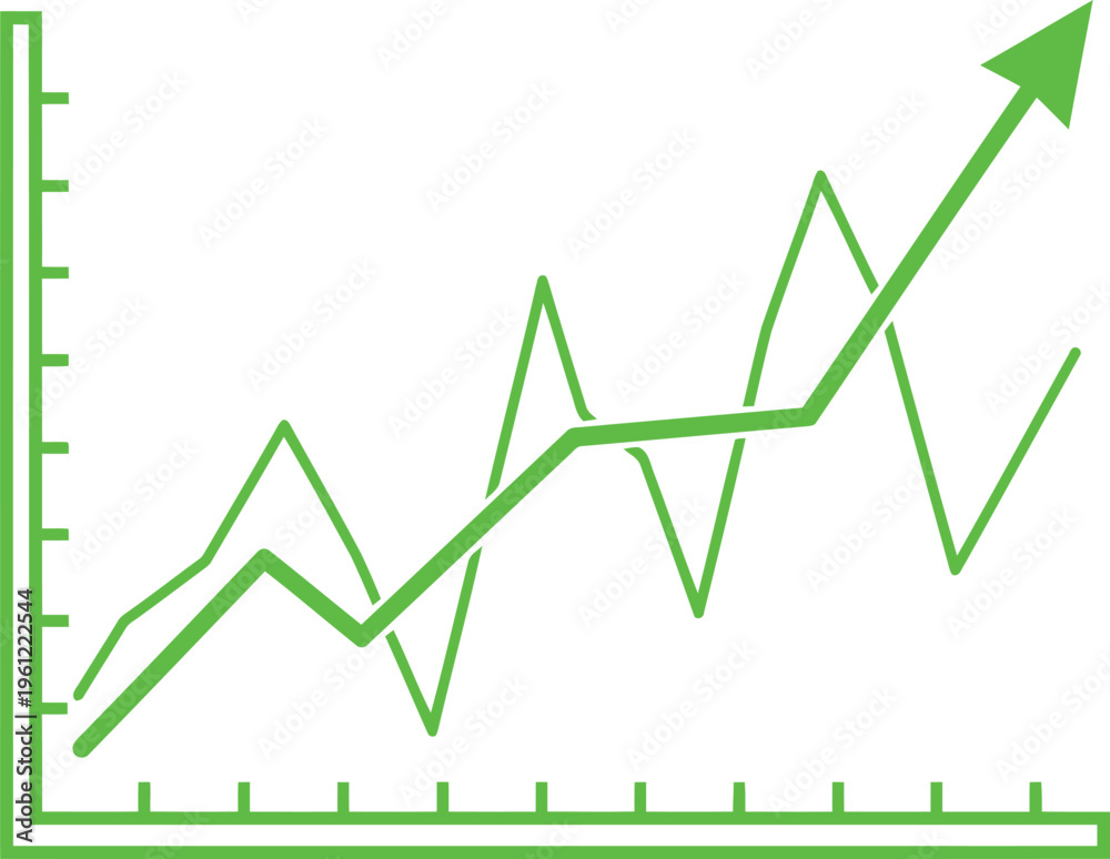 Obraz premium A green line graph showing upward trend with fluctuations in data points