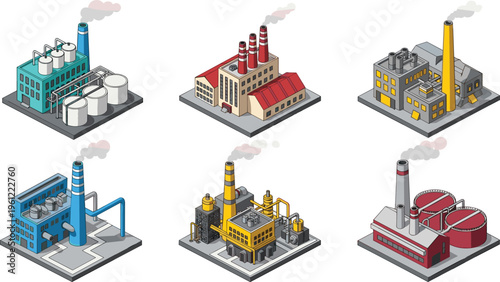 Isometric Industrial Factory and Power Plant Buildings Vector Set with Smokestacks, Refineries, Storage Tanks and Energy Production Facilities Collection