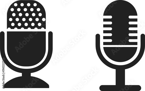 Microphone icons vector set, retro and modern audio mic symbols isolated flat design