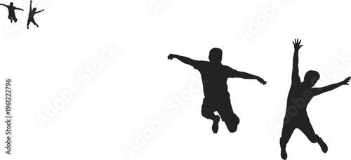 Jumping people silhouettes vector set, energetic men leaping with raised arms dynamic action illustration