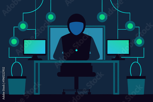 Silhouette Of Hacker Sitting At Desk