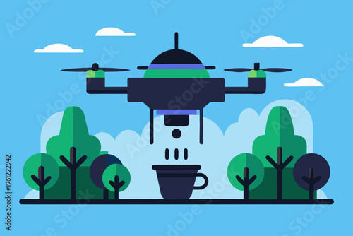 Sleek Black Drone Delivering Coffee To Rooftop