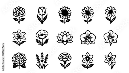 Floral Line Icons Set – Outline Flower Collection, Botanical Vector Symbols, Minimal Black Flower Illustrations Pack