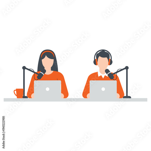 Two people hosting podcast at table with microphones laptops and coffee mug for audio recording