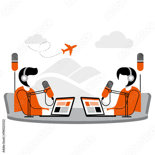 Podcast hosts broadcasting live with microphones and laptops at table during recording session