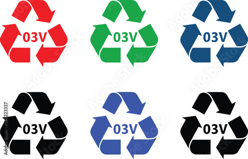 Six recycling symbols labeled with 03v indicating different types of recyclable materials