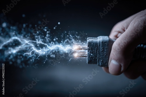 Close-up of a hand holding an electric plug with sparks and lightning, symbolizing power, danger, energy, and electrical risk