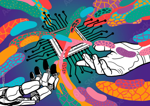 Human Hand and Robot Hand with Computer Chip and Colorful Abstract Elements on Blue Background