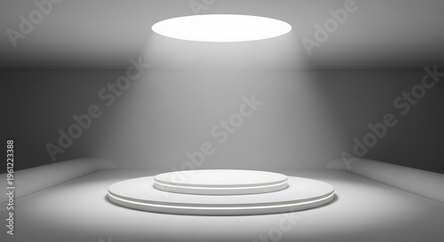 Minimalist, futuristic circular stage bathed in overhead light, simple and clean design