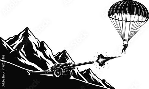 Black and white of a parachutist escaping cannon fire on a mountain parachute