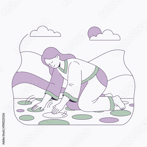 Woman kneeling on lily pads in serene landscape.