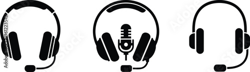 Three types of headsets with microphones displayed in black and white graphic style