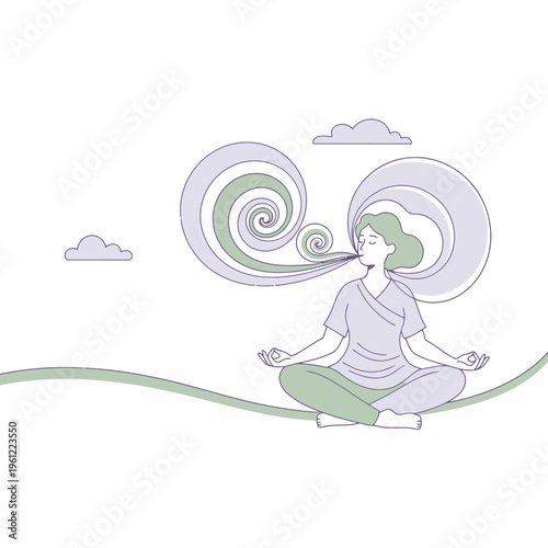 Woman meditating and breathing deeply in nature.