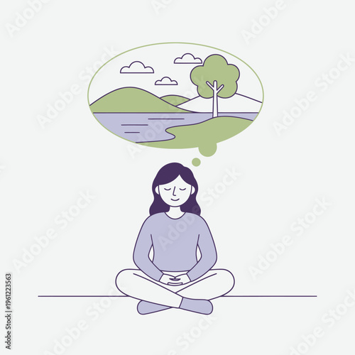 Woman meditating and visualizing peaceful landscape.