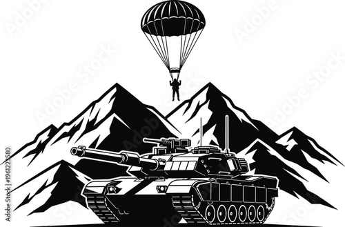 Black and white of a tank with a parachuter above it and mountains in the background