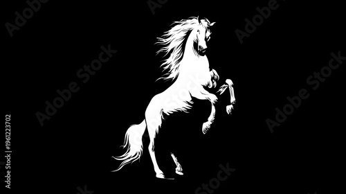 Dynamic White Horse Rearing Silhouette on Black Background - Majestic Equine Strength and Freedom Vector Art