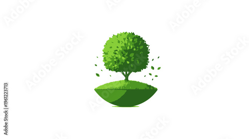 Vibrant green tree on a stylized floating island, with falling leaves, symbolizing nature, environmental conservation, and sustainable growth.