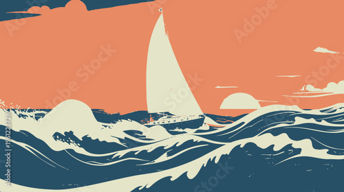 Sailing boat on rough ocean waves at sunrise or sunset. Vintage style illustration of sea adventure, journey, and challenge.