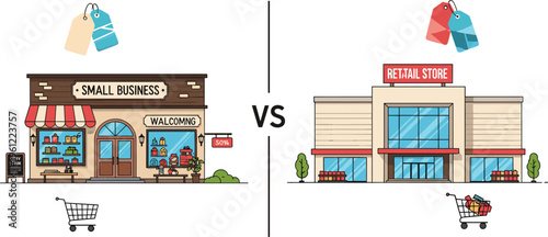 Small Business vs Retail Store Comparison Vector Illustration with Local Shop and Supermarket, Shopping Concept and Commercial Difference Design