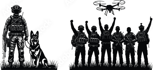 Black and white of soldiers with dog and drone military uniform