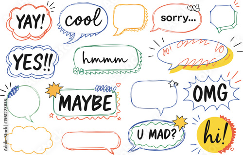 Colorful speech bubbles with various expressions and reactions conversation dialogue