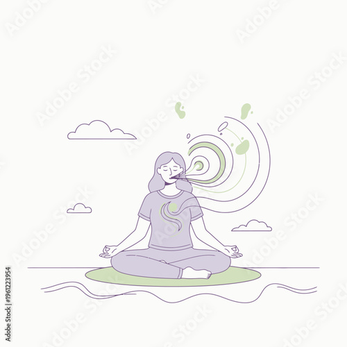 Woman meditating in lotus pose with calm breathing.