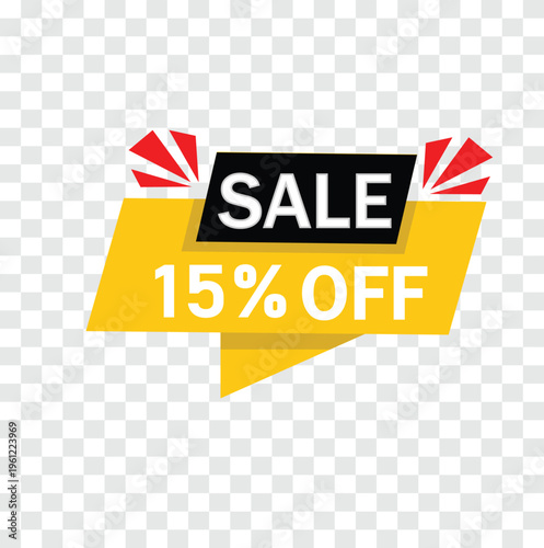 Sale 15 Percent Off Banner Vector – Discount Promotion Label, Special Offer Tag and Marketing Design Element