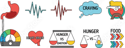Hunger and Craving Concept Icon Set with Brain Heart Balance Food Signals Emotion Scale and Appetite Control Elements for Health and Nutrition Design