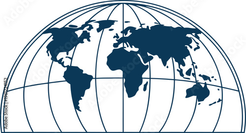 Dark blue map silhouette on white background with grid lines globe curved