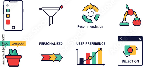 Personalized Food Recommendation System Icon Set with User Preference Selection Category Filter Data Analysis and Smart Suggestion Technology Design