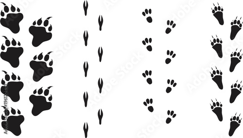 Black animal footprints of bear deer rabbit and fox animal tracks bear paw prints