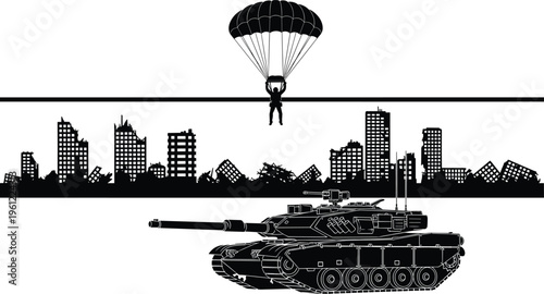 Black silhouette of parachuter above city skyline and tank white background