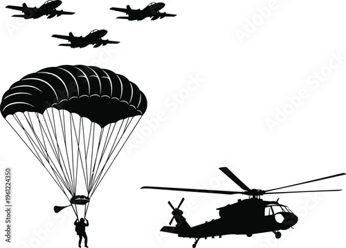Black silhouette of parachuter and helicopter with airplanes
