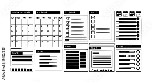 Modular Monthly Planner and Productivity Calendar UI Black Silhouette Dashboard Vector Illustration