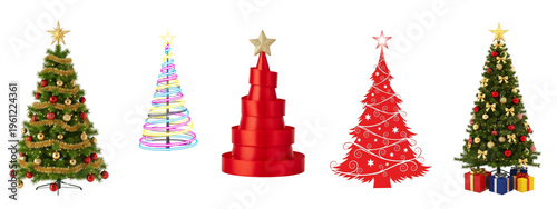 Christmas trees in different styles and colors