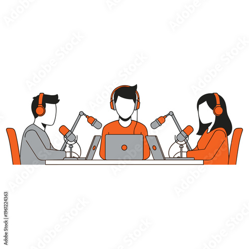 Three people podcasting together with microphones laptops and headphones at a table