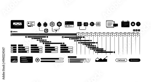 Extended Gantt Timeline and Business Project Calendar Dashboard Black Silhouette Vector Illustration