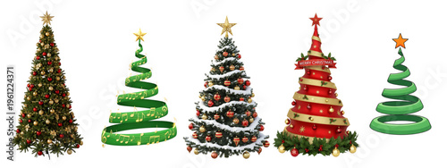 Five differently decorated christmas trees in a row