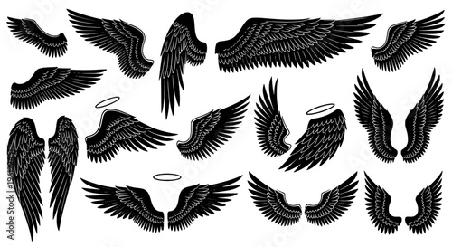 Wings set with black feathered angel wings and haloes, various styles and poses, for design and decoration