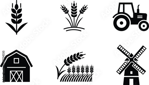 Collection of six black agricultural icons including wheat stalks, tractor, barn, windmill, and farming field illustration representing agriculture, crops, machinery, and rural farm life