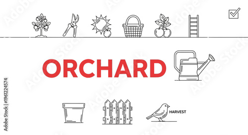 Black and white line art icons related to an orchard framing the red word ORCHARD