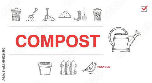 Line art icons related to composting and gardening surrounding the word COMPOST