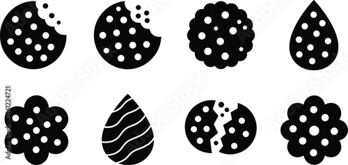 Set of black cookie icons featuring bitten chocolate chip cookies round biscuits flower shaped snacks and dotted drop symbols isolated on a white background