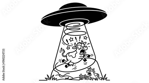 Minimalist UFO Abduction with Cartoon Cow Line Art, Monochrome Vector Illustration of Sci-Fi Comedy