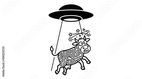 Minimalist UFO Abduction with Cartoon Cow Line Art, Monochrome Vector Illustration of Sci-Fi Comedy