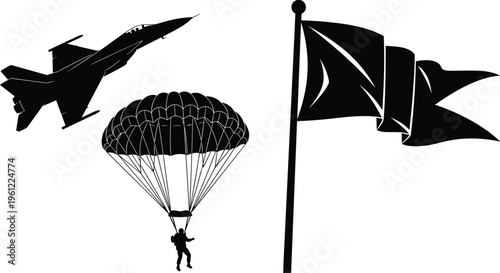 Black silhouettes of fighter jet parachuter and waving flag